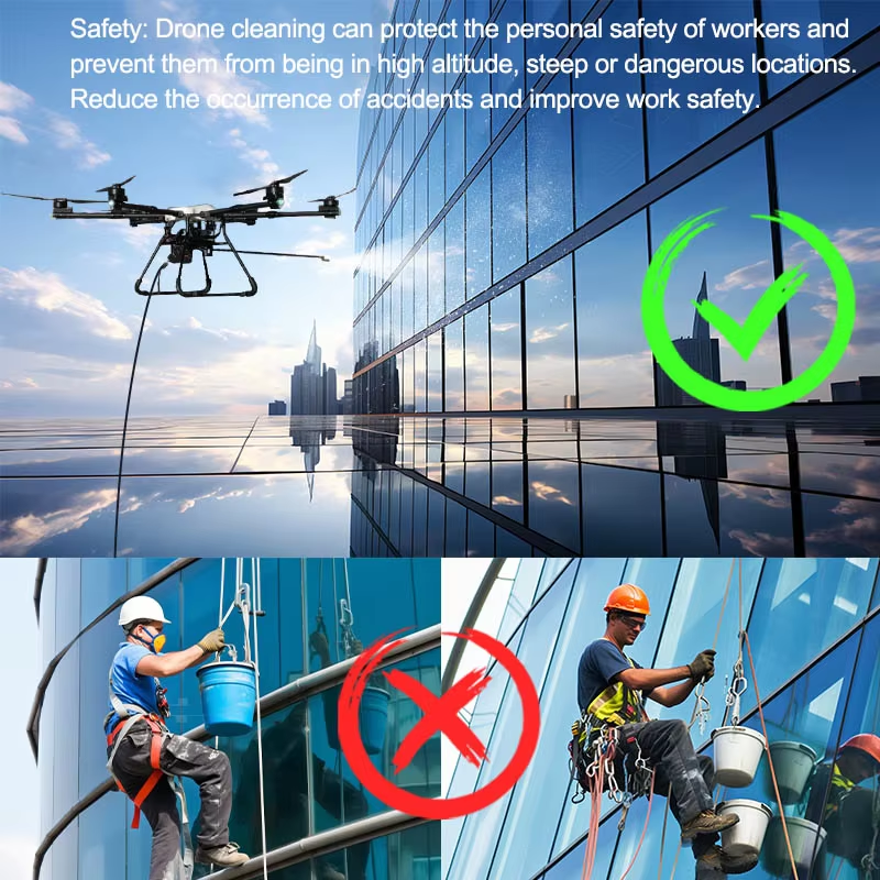 cleaning drone cleaning glass building facade safer than traditional rope access workers